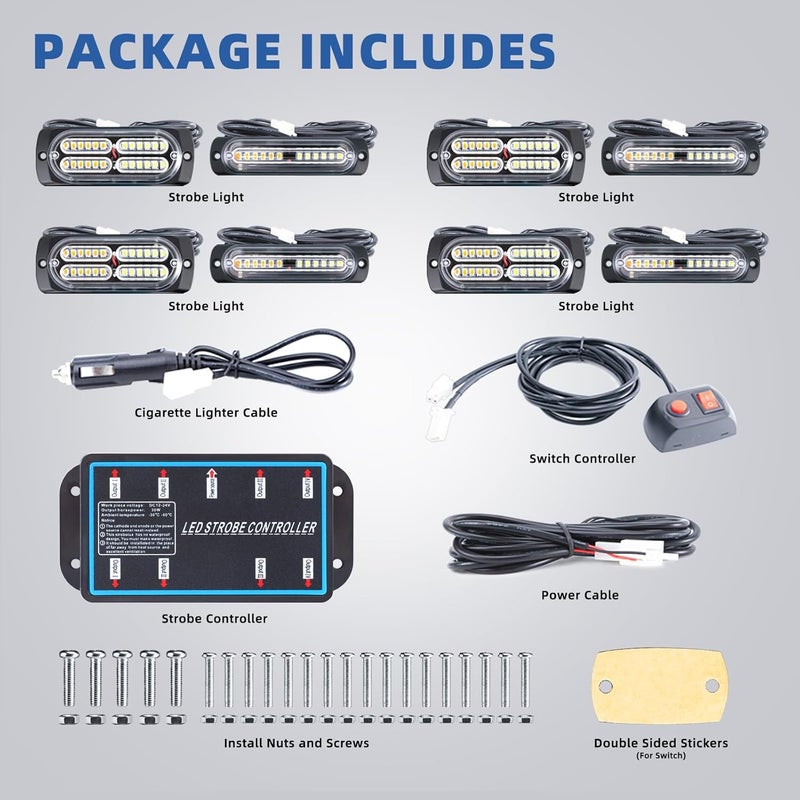 PKINGLAKE 8pcs Sync Feature Emergency Strobe Grille Lights LED Ultra Slim Surface Mount Flashing Hazard Warning Light Bar with Controller for Firefighter/Construction/Trucks/Vehicles/Car (Amber/Green) - Image 4